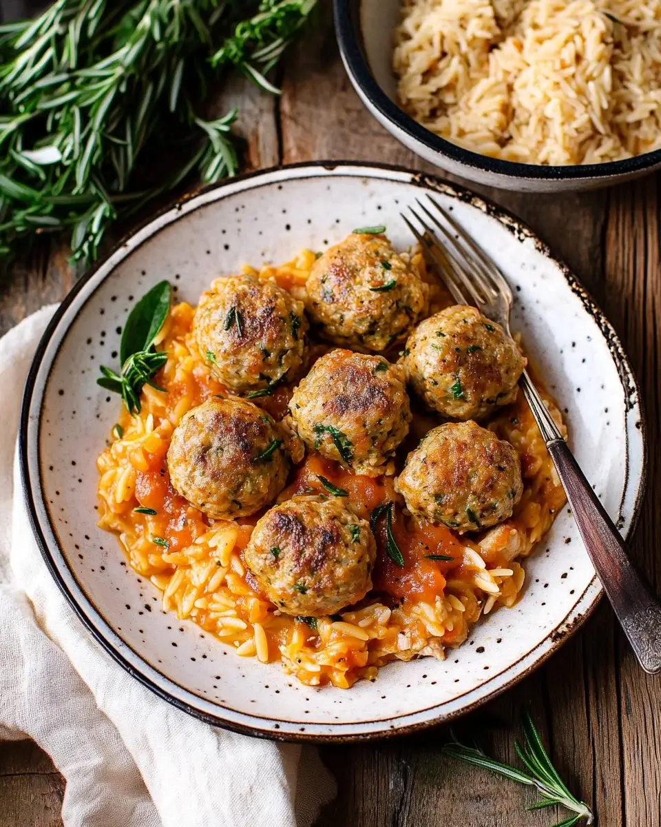 Baked Rosemary Chicken Meatballs with Tomato Orzo Delight!