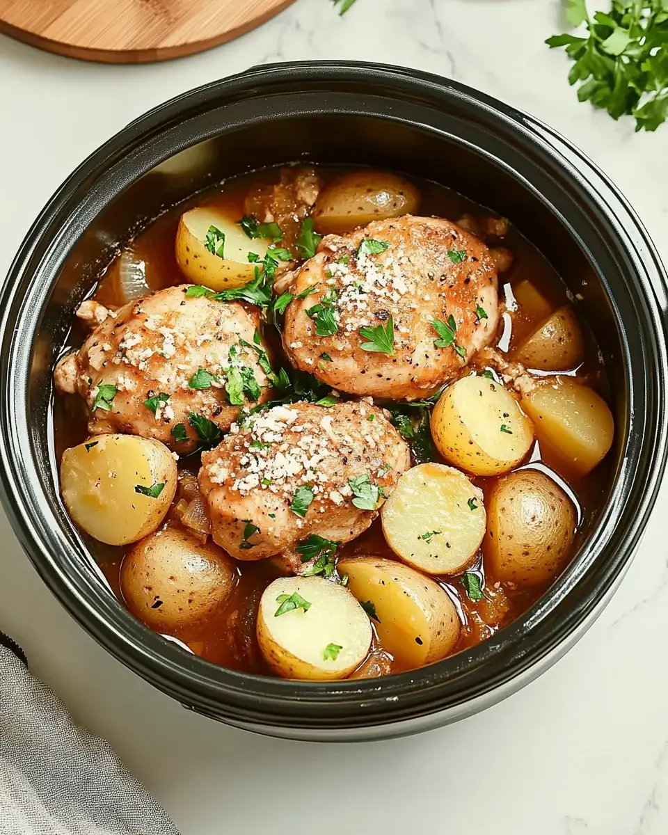 Slow Cooker Parmesan Garlic Chicken and Potatoes is a must-try!