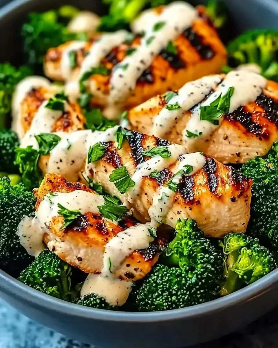 Grilled Chicken and Broccoli Bowls with Creamy Garlic Sauce are delicious!