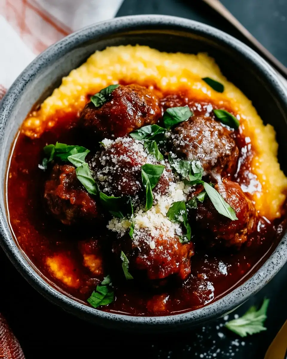 Savory Red Wine Braised Meatballs with Cheesy Polenta Delight!