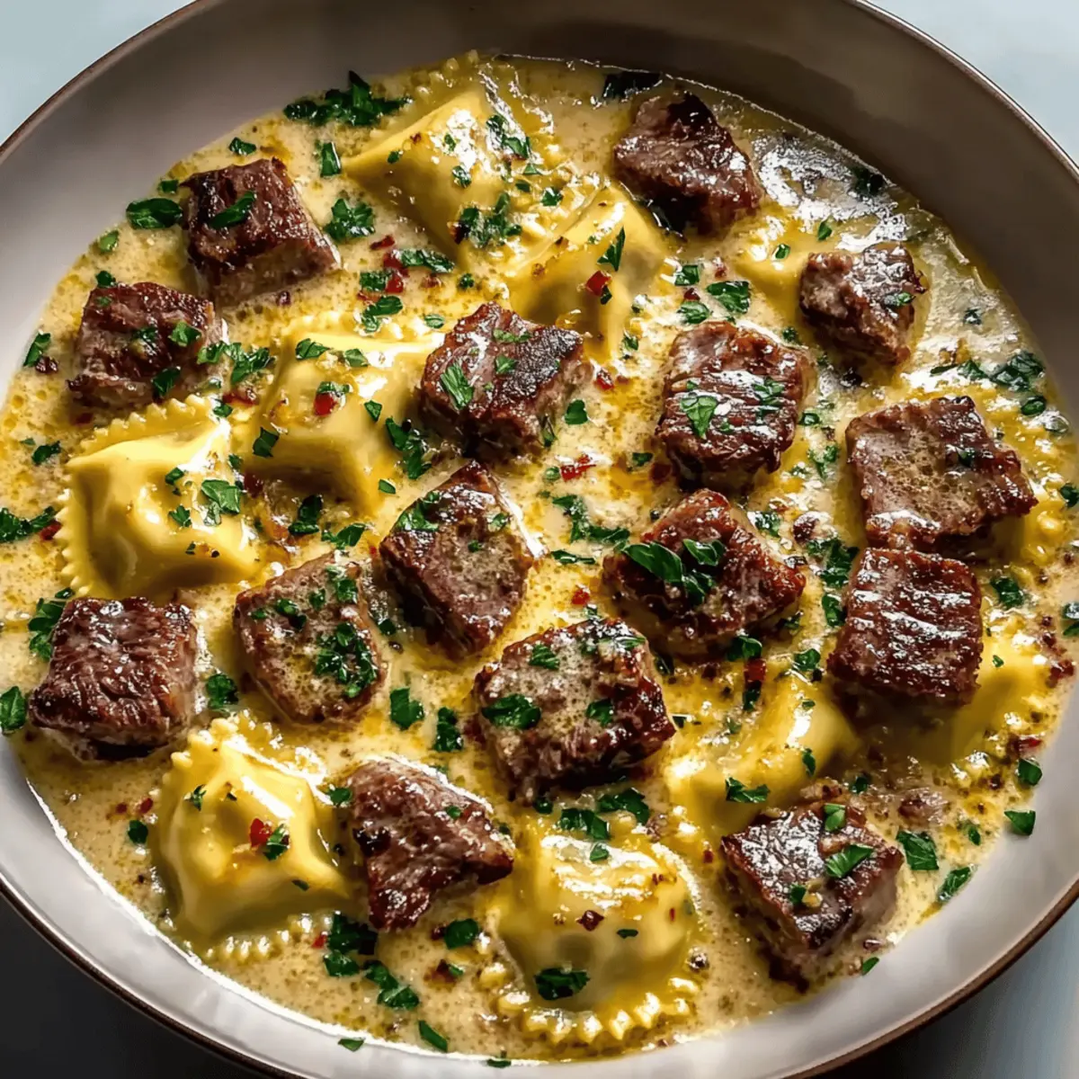 One-Skillet Garlic Butter Steak & Cheese Ravioli Recipe Delight