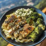 Pesto Chicken Alfredo with Spicy Feta Cream & Parmesan Broccoli Crunch