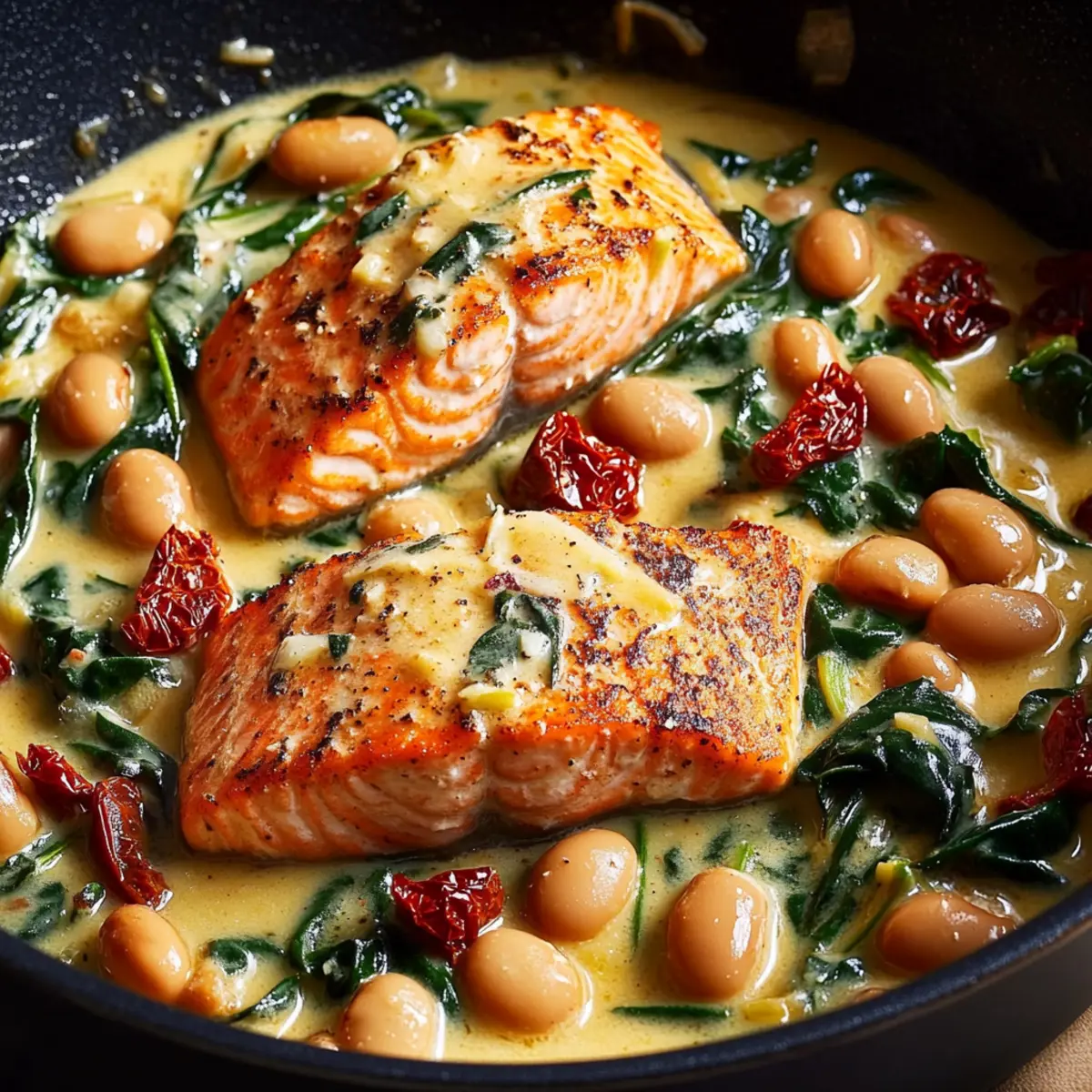 Savory Creamy One-Pan Salmon with Beans in 30 Minutes