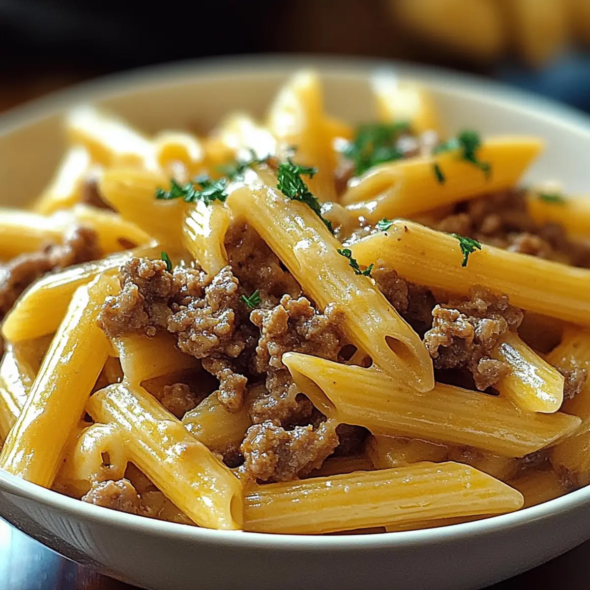 Cheesy Penne with Garlic Butter Ground Beef Bliss