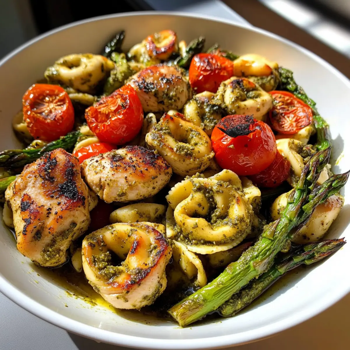 One-Pan Pesto Chicken, Tortellini, Asparagus & Tomatoes Joy