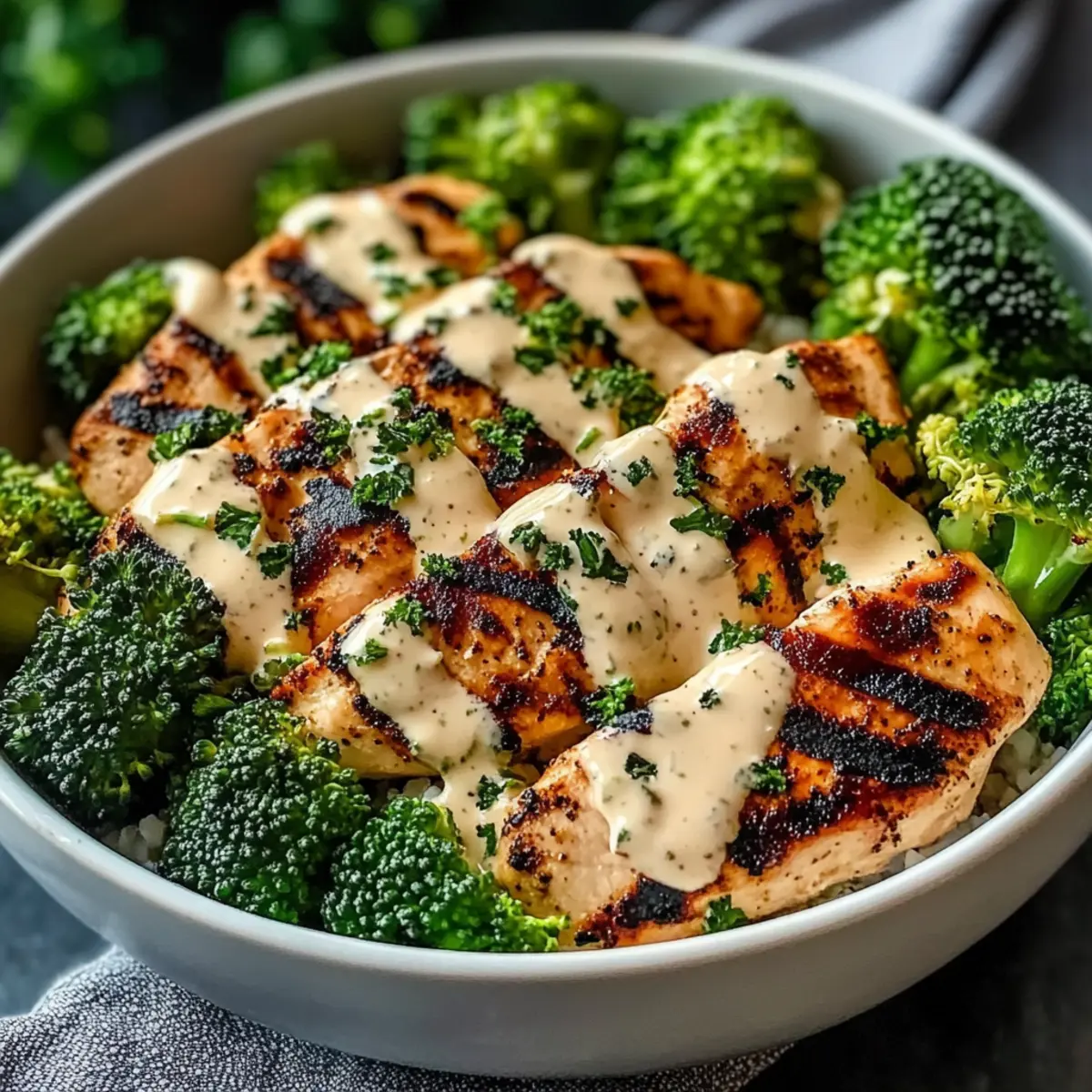 Grilled Chicken & Broccoli Bowls with Creamy Garlic Sauce Delight