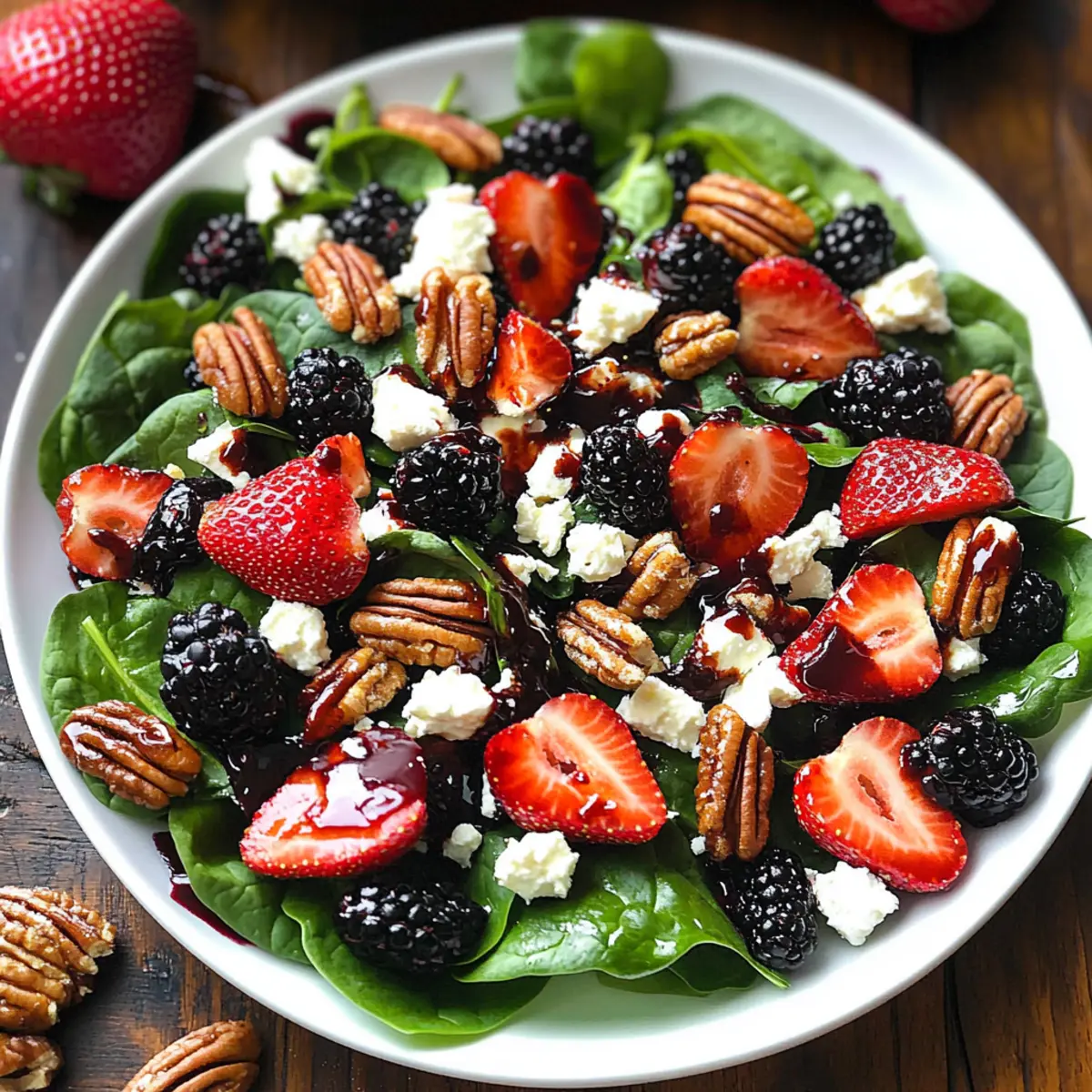 Berry Spinach Salad with Pecans, Feta, and Balsamic Glaze Delight