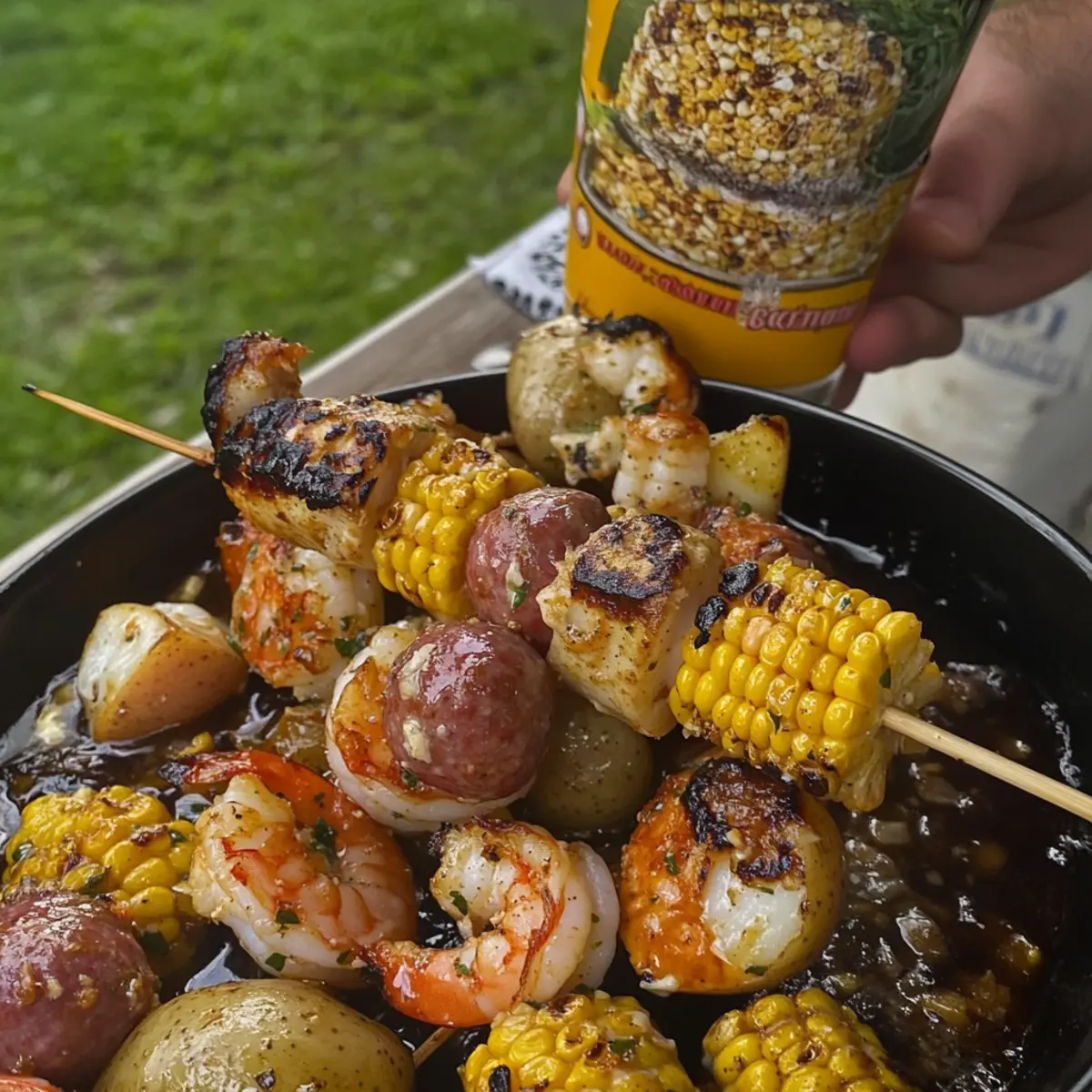 Grilled Seafood Boil Skewers with Crab Boil Garlic Butter Bliss