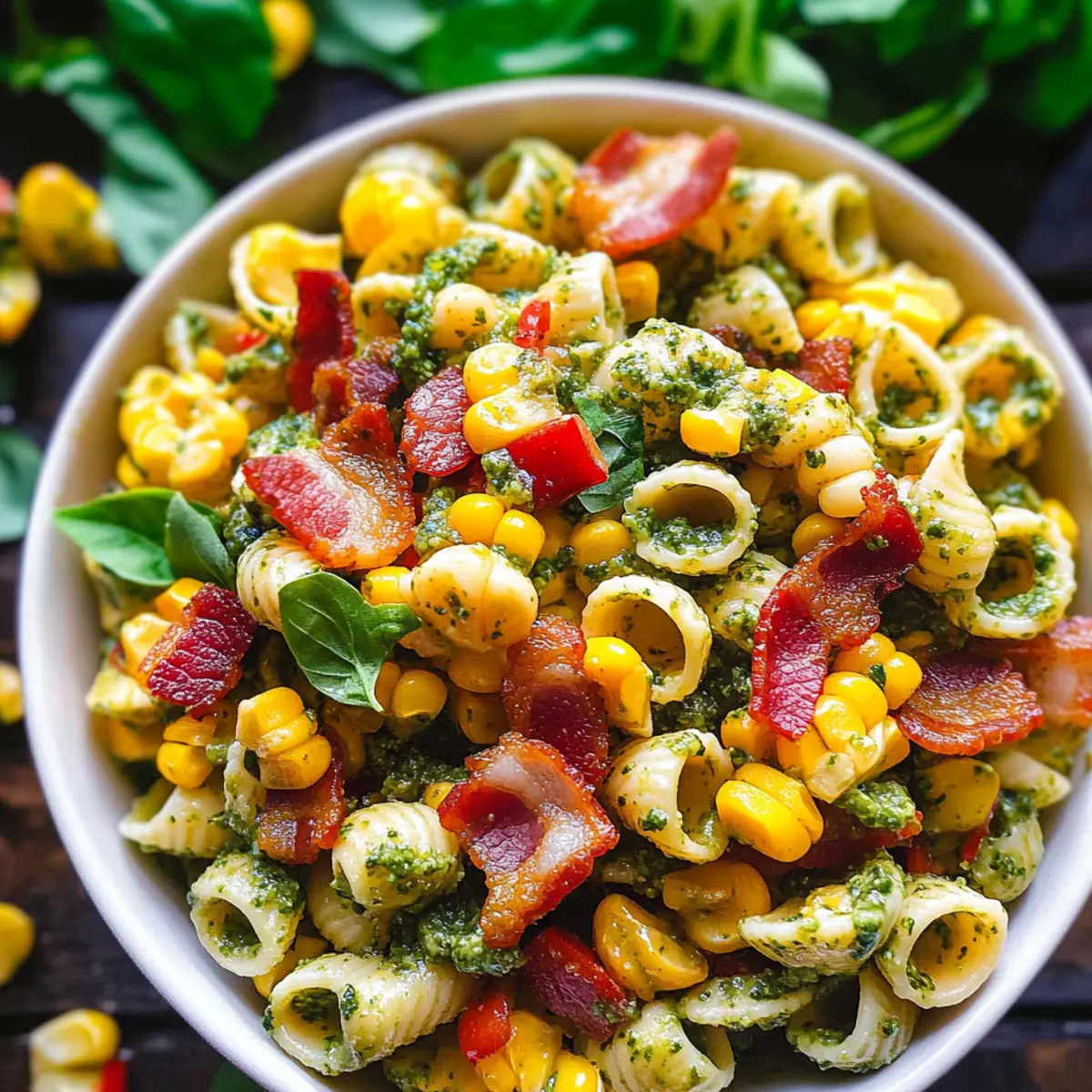 Delicious Corn Pasta Salad with Bacon and Creamy Pesto